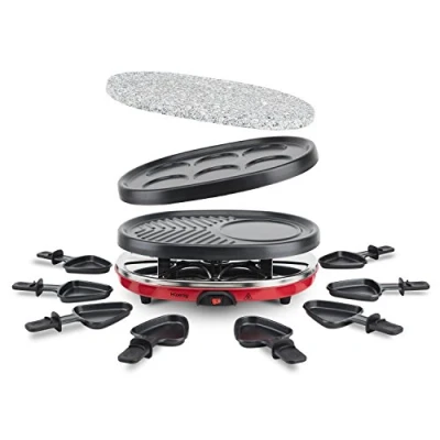 Afbeelding van H.Koenig Multifunctioneel Gourmetstel RP412, 8 Personen Professioneel, Natuursteen, 6 Mini Pannenkoekjes, Grill, Raclette Kaas Fondue, Regelbare temperatuur, Anti aanbak Pannetjes, Rood