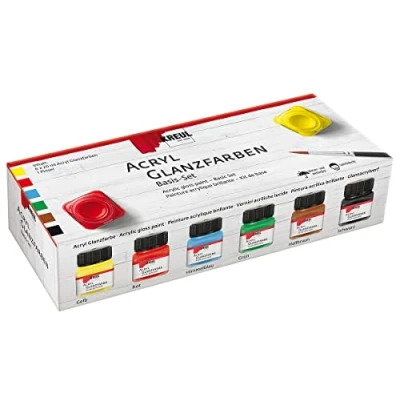 Afbeelding van KREUL 79600 Set van 6 x 20 ml potjes glanzende acrylverf met 1 penseel Gladde dekkende verf op waterbasis voor schilderen en doe het zelven Bestand tegen speeksel sneldrogend