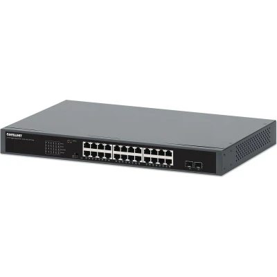 Afbeelding van Intellinet 24 Port Gigabit Ethernet PoE+ Switch with 2 SFP Ports IEEE 802.3at/af (PoE+/PoE) Compliant, 370 W PoE Power Budget, Two 1G Open Slots, Self Healing Network, 19&quot; Rackmount