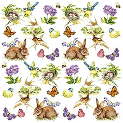 Afbeelding van 20 Servietten Kleine Osterfreuden Hasen Blumen Schmetterlinge Vögel 33x33cm