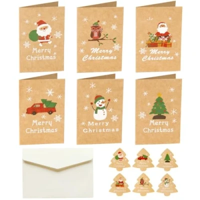 Afbeelding van 6 Stuks Merry Christmas Cards Multipack Kerstman Wenskaart Xmas Wenskaarten Vintage Kerstkaarten Kerstdag met Enveloppen Stickers