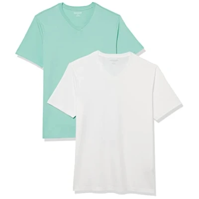 Afbeelding van Amazon Essentials Heren Slim Fit T shirt met korte mouwen en V hals, 2 stuks, wit/aquablauw, XX Large