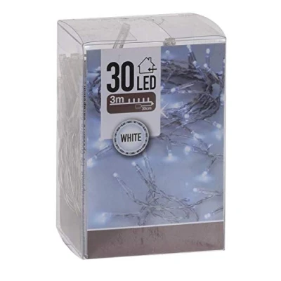 Afbeelding van Led lichtsnoer, koud wit, met timer, 3 m lengte 30 leds, kerstverlichting voor binnen, Kerstmis, advent, winter, tafel, raam, decoratie, werkt op batterijen