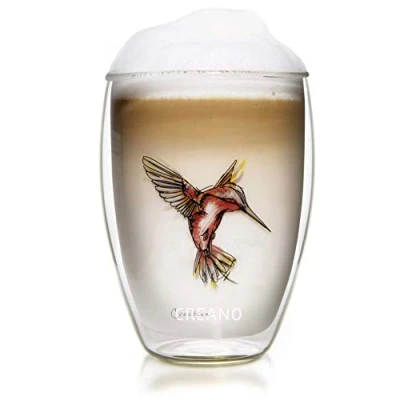 Afbeelding van Creano thermo glas Hummi, dubbelwandig theeglas, latte macchiato, mok kolibrie 250ml in exclusieve geschenkdoos, rood