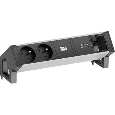 Afbeelding van Bachmann, Stekkerdoos, DESK2 ALU ZWART 2xUTE 1xCM 1xC 1 laadtoestel C 30W (2 x, CEE 7/5, 7/3, 0.20 m)