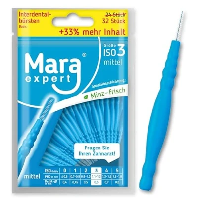 Afbeelding van Mara interdentale borstels, blauw, 1,1 1,2 mm, basic, ISO 3 medium, 33% meer inhoud, voordeelverpakking, ideale tussenruimteborstel, met muntsmaak, 32 stuks (blauw, 3)