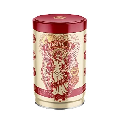 Afbeelding van MariaSole Caffè Crema 250 g in hoogwaardig koffieblik traditionele roostering Sicilië via houtvuur met de hand premium koffiebonen voor volautomatische machine en zeefdrager