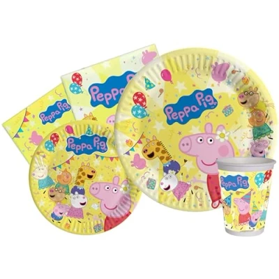 Afbeelding van Peppa Pig Peppa&#039;s Birthday Partyset voor 8 personen, 44 stuks: borden met een diameter van 23 cm, 18 bekers 250 ml, 20 servetten 33 x