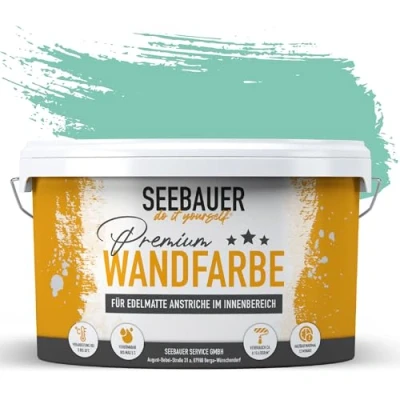 Afbeelding van SEEBAUER diy muurverf turkoois 2,5L voor binnen (No. 773 Indian Sea) edelmat binnenverf blauw groen groentinten zeer hoge dekkracht mat, wasbaar en druppelvrij