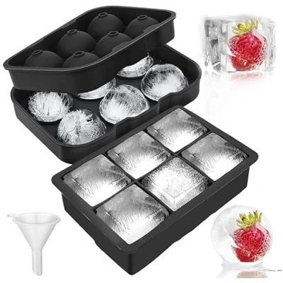 Afbeelding van LessMo 2 stuks ijsblokjesvorm groot, siliconen 6 vaks grote ijsblokjes, delige set Ice Cube Tray, met deksel, stapelbaar, duurzaam en BPA vrij, ijsblokjesschalen voor whisky cocktails