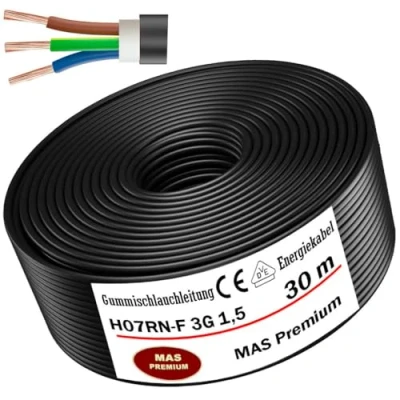 Afbeelding van Van 5 tot 100 m rubberen slang, energiekabel, bouwplaatskabel, H07RN F 3G1,5 mm², flexibele kabel met beschermgeleider voor zware apparaten (30 m)