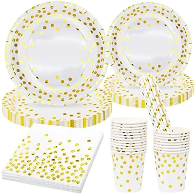 Afbeelding van Party Paper Servies Set, Gold Foiled Polka Dot Wegwerp Dinnerware Feestbenodigdheden voor verjaardag, jubilea, bruiloften, Bruidsdouche, verloving, viering, Halloween (wit en goud)