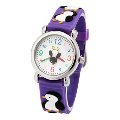 Afbeelding van ele ELEOPTION Girl&#039;s digitale quartz waterdichte 3D schattige cartoon ronde wijzerplaat polshorloge met siliconen riem, Pinguïn, Paars, Penguin, riem