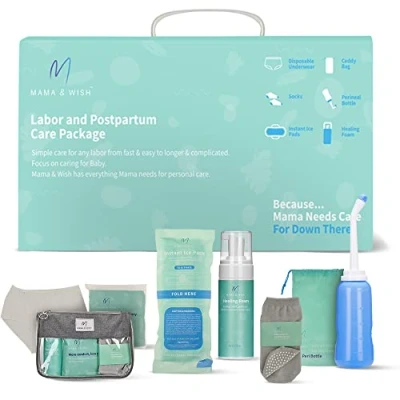 Afbeelding van mama &amp; Wish Postpartum Essentials Kit voor Post Partum Recovery bevalling en met ziekenhuis vrouwen na de geboorte Inclusief Peri fles, toverhazelaar