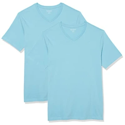 Afbeelding van Amazon Essentials Heren Slim Fit T shirt met korte mouwen en V hals, set van 2, Aqua Blauw, X Large