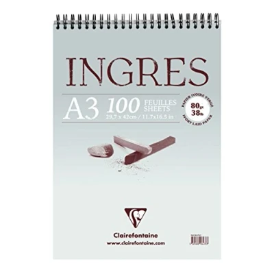Afbeelding van Clairefontaine 96478C Tekenblok Ingres (met dubbele spiraal, gekorreld, DIN A3, 29,7 x 42 cm, 100 vellen, 80 g, ideaal voor droogtechnieken), wit