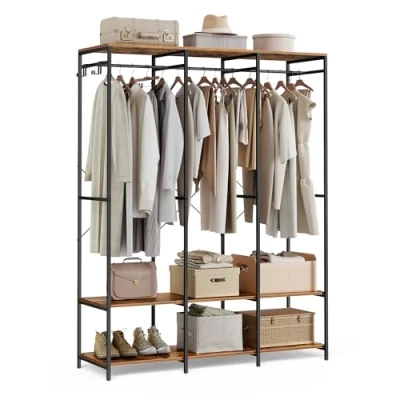 Afbeelding van SONGMICS Open kledingkast, kledingrek, kledingstandaard met kledingstang, planken, afneembare haken, 40 x 141 180 cm, vintage bruin RGR005B01