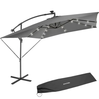 Afbeelding van tectake® Parasol 250cm met Solar Led Verlichting Parasols Zweefparasol Zonneenergie Tuinverlichting grijs