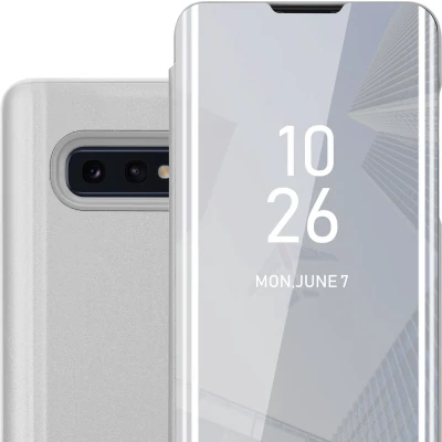 Afbeelding van Cadorabo Hoesje geschikt voor Samsung Galaxy S10e in AGAAT ZILVER Clear View Spiegel Beschermende Case met Tribunefunctie 360 Graden Bescherming Book Cover Etui