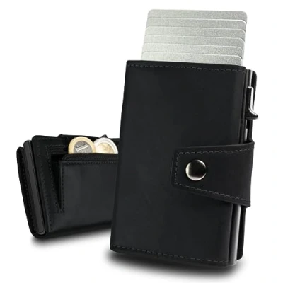Afbeelding van Slimfin® Slim Wallet Maxi met muntzakje kaarthouder RFID bescherming pop up portemonnee mini voor mannen en vrouwen slanke lichtgewicht zwart