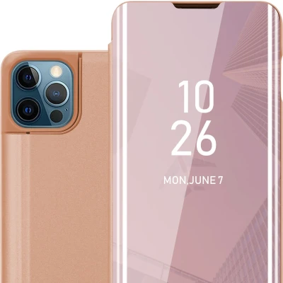 Afbeelding van Cadorabo Hoesje geschikt voor Apple iPhone 13 in KUNZIET ROZE Clear View Spiegel Beschermende Case met Tribunefunctie 360 Graden Bescherming Book Cover Etui