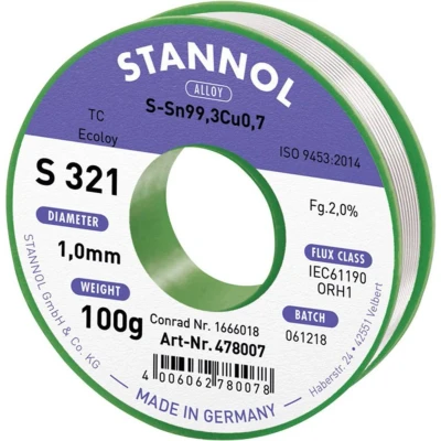 Afbeelding van Stannol S321 2,0% 1,0MM SN99,3CU0,7CD 100G Soldeertin, loodvrij Loodvrij, Spoel Sn99,3Cu0,7 ORH1 100 g 1 mm