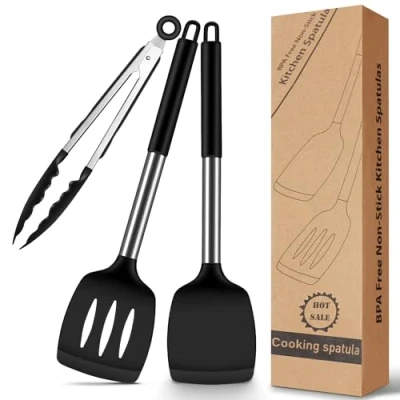 Afbeelding van siliconen spatel, 2 stuks spatels voor de keuken + 1 keukentang, hittebestendige kunststof, BPA vrij, zwarte keukenhulp, anti aanbakspatel het koken