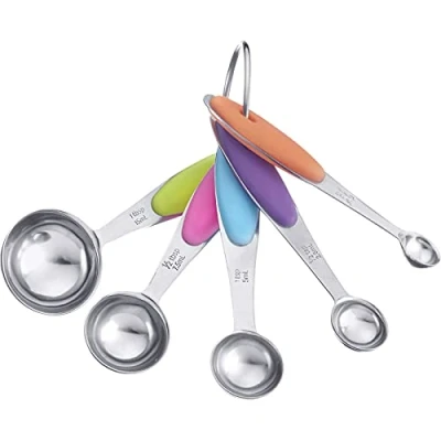 Afbeelding van Westmark 5 maatlepels, set, met ring verbonden, voor 1,25 ml, 2,5 7,5 15 roestvrij staal/siliconen, pendolino, zilver/groen/roze/blauw/paars/oranje, 30602270