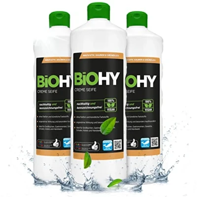 Afbeelding van BiOHY Crème zeep (3 x 1l Fles) Zachte, vette en reukloze handzeepvuller uit de groentesector PHOSPHATFREI Zonder parfum kleurstoffen (Creme Seife)