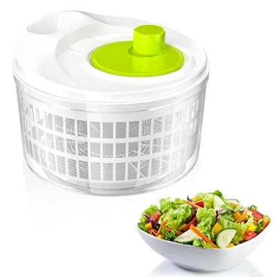 Afbeelding van slacentrifuge met deksel, zwengelaandrijving in 5 liter slakom en zeef, keukenhulp sladroger voor het wassen drogen van sla, groenten fruit (23 cm x 22 cm)