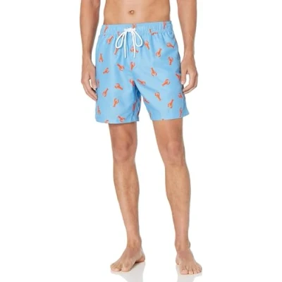 Afbeelding van Amazon Essentials Men&#039;s Sneldrogende zwembroek met binnenbeenlengte van 18 cm, Blauw Oranje Kreeftenprint, XS