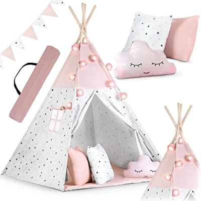 Afbeelding van Kindertipi Nukido Tent in Montessori Stijl en Slinger, Kerstverlichting Afdekking Natuurlijke Materialen, Eenvoudig Op Te Zetten, Stabiele Constructie, Inclusief 3 Kussens Isolatiemat