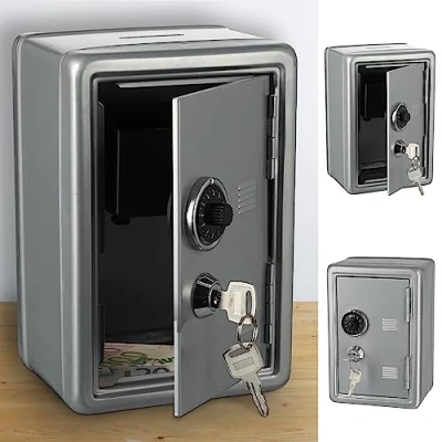 Afbeelding van spaarpot kluis met geldgleuf │ metaal 12x18x10cm zilver 2 sleutels cijferslot (1 x zilver)