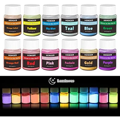 Afbeelding van HEMOER Fluorescerende Poeder, 12 kleuren Glow in The Dark Pigment Poeder voor verf, nagels, doe het zelf, epoxyhars, gezicht, lichaam x 20g