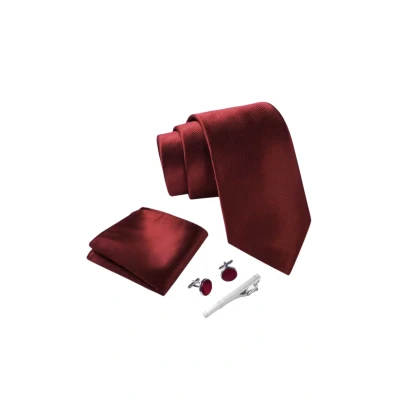Afbeelding van Massi Morino stropdas met zakdoek I Premium Set incl. manchetknopen en tiepin Gift box voor mannen (Wijnrood)