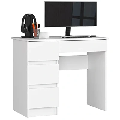 Afbeelding van AKORD Computertafel Bureau 4 laden Comfort Hoge kwaliteit Solide Voor thuis op kantoor Ergonomie het werk B90 x H77 D50 cm Wit