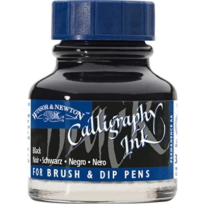 Afbeelding van Winsor &amp; Newton 1111030 Kalligrafie inkt voor vulpennen of kroontjespennen, onderling mengbaar, lichtecht met goede vloei eigenschappen 30ml fles, Zwart