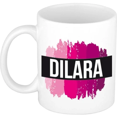 Afbeelding van Dilara Naam / voornaam kado beker mok roze verfstrepen Gepersonaliseerde met mokken