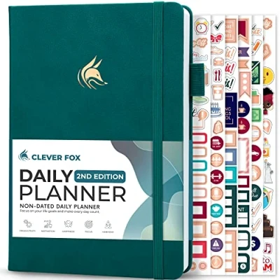 Afbeelding van Clever Fox Dagelijkse planner 2e editie ongedateerde tijdblokkeertaakorganisator met uurschema en takenlijst A5, 6 maanden (Dark Teal)