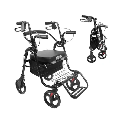 Afbeelding van KMINA Rollator Rolstoel voor Glad Terrein, 2 in 1, Verstelbare met Wielen, Looprek Volwassenen, 4 Opvouwbaar Zitje Zwarte