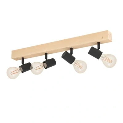 Afbeelding van EGLO plafondlamp Townshend 3, 4 lichts vintage plafondspot in industrieel ontwerp, retro plafond lamp van staal en hout, zwart, bruin, E27 fitting, FSC gecertificeerd