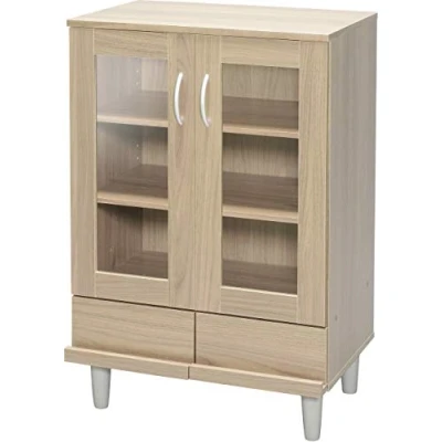 Afbeelding van Iris Ohyama, vitrinekast / Dressoir met lades en planken Houten Kast deuren, In hoogte verstelbare plank 3,2 cm, keuken Cabinet KPB 9360 LichtBruin
