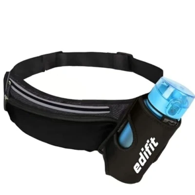 Afbeelding van Edifit, Running Heuptas, draagbare loopriem, heren en dames, sportriem, accessoires, met flessenhouder, waterdicht, ritssluiting, verstelbare reflecterende riem, Zwart, M, hardlopen