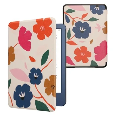 Afbeelding van kwmobile E reader hoesje geschikt voor Amazon Kindle (2022/2024) hoes flip case met magnetische sluiting Ereader cover Bonte bloemen design in roze / donkerblauw crème