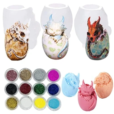 Afbeelding van Cayway 3 stuks kleine draak ei siliconen mal voor hars, Dragon Egg epoxy mallen sieraden gietvorm hars ambachtelijke doe het zelf, sleutelhanger, woondecoratie