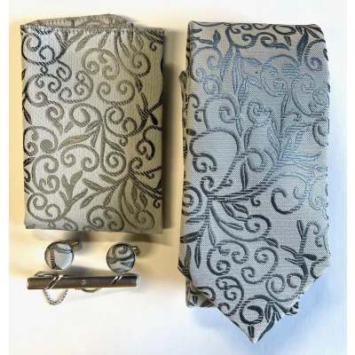 Afbeelding van Actie4you® Luxe Stropdas Set Met Manchetknopen en Pochet Dasspeld Geschenkdoos 4 Delig Grijs Krul