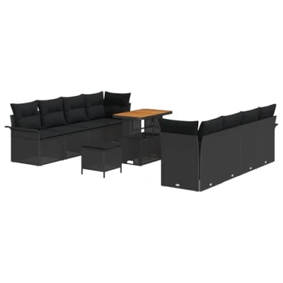 Afbeelding van vidaXL 11 delig tuinbankstel met kussens zwart poly rattan acacia, 2 zits tuinbank opbergruimte &amp; rattan, 3 tuin eetset acacia