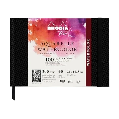 Afbeelding van RHODIA TOUCH 116155C Aquarelnotitieboek, 100% katoen, satijnkorrel, 300 g/m², A5, liggend formaat, 40 pagina&#039;s niet microgeperforeerd, hardboekje Watercolor Book