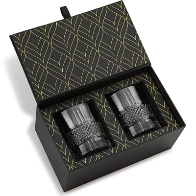Afbeelding van Kristallen whiskyglazen Set van 2 reserve glazen bekers (340 ml) voor whisky, bourbon, ouderwetse cocktails en dranken, elegante geschenkdoos goudfolie
