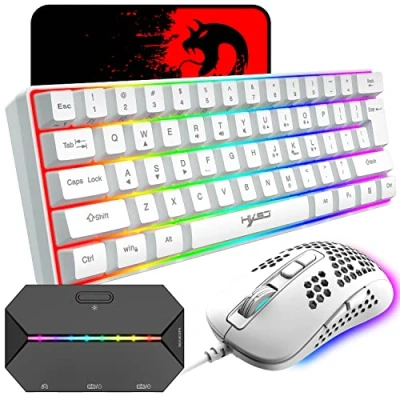 Afbeelding van 60% bedraad compact gamingtoetsenbord 61 toetsen 11 RGB achtergrondverlichting volledige Anti ghosting + bekabelde lichtgewicht gamingmuis 2400 DPI honingraat optische muis converteradapter voor PS4/Xbox gamers (wit)